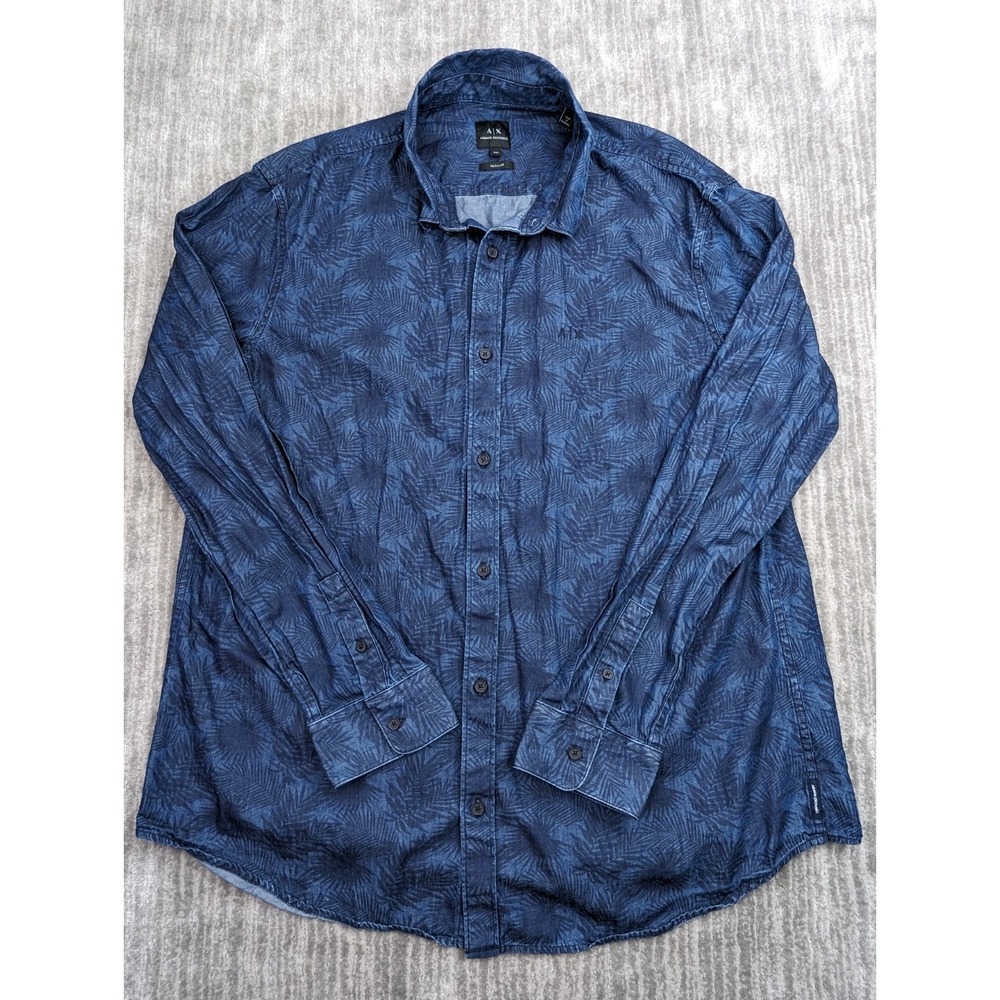 Armani Exchange Mens XL Denim Look Floral Print Button Up Shirt Blue Long Sleeve